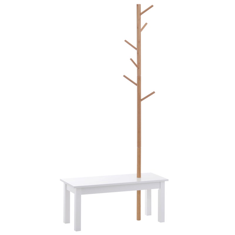 Ławka do przedpokoju z wieszakiem na ubrania, bambusowy wieszak na ubrania, biała ławka do przedpokoju, designerska, również do sypialni, 80x30x180 cm