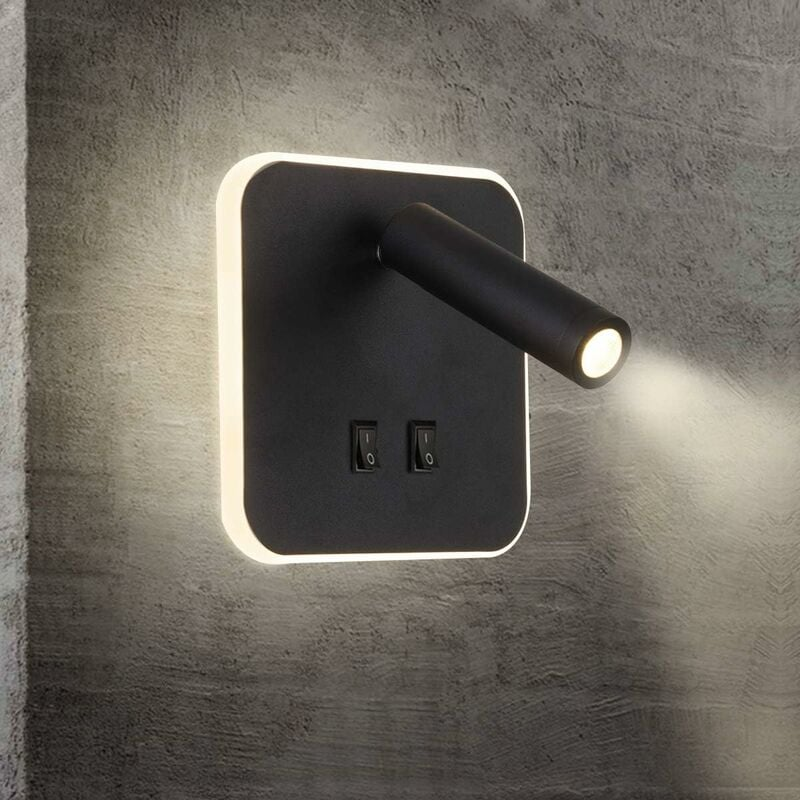 Lampa ścienna LED do sypialni Hotelowe oświetlenie wewnętrzne Kinkiet do sypialni Kinkiet korytarzowy z włącznikiem Czarny 3W + 10W (Kwadratowy)