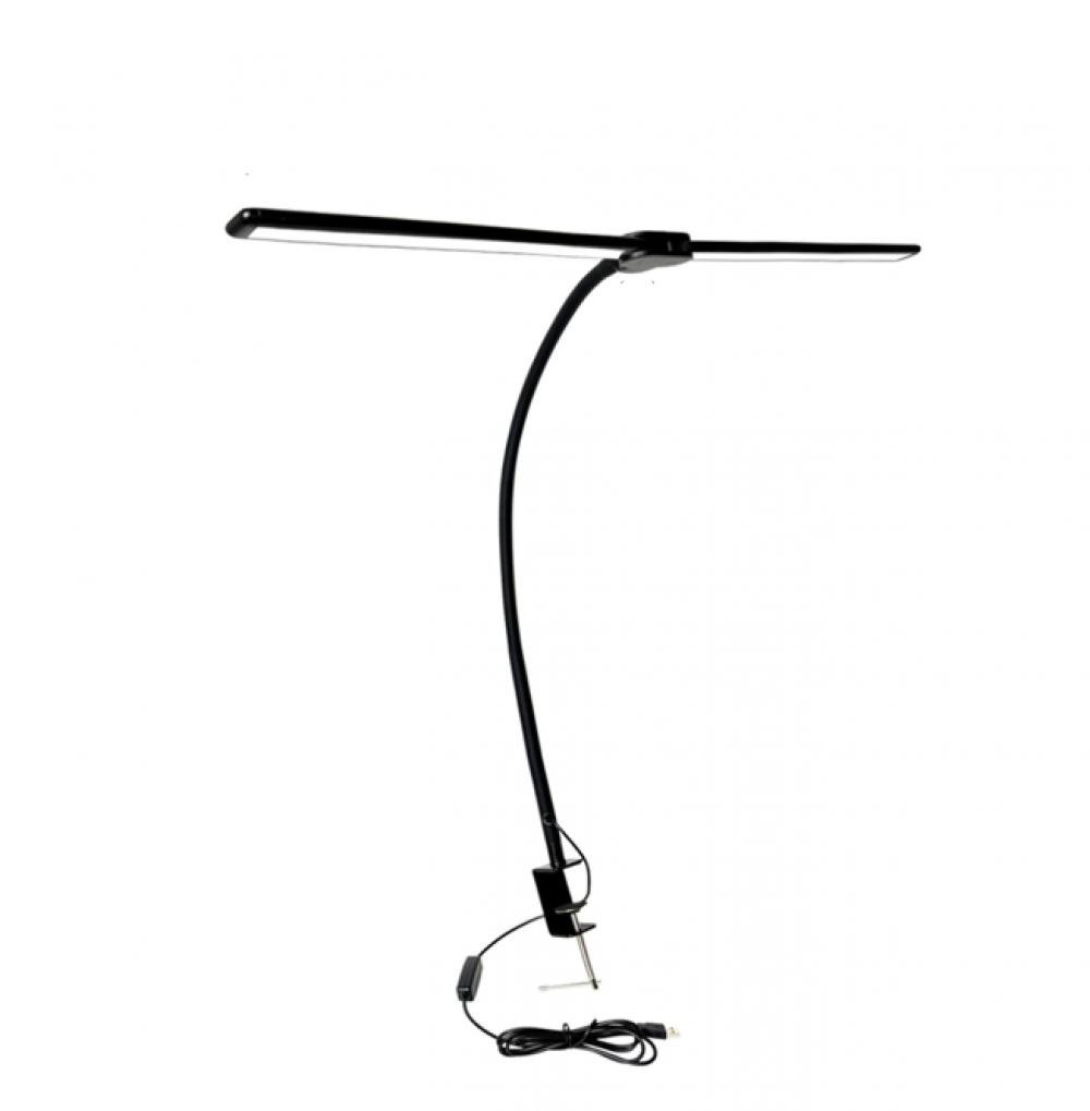 Czarna lampka biurkowa LED, lampa biurkowa z dwiema głowicami, 3 tryby kolorów, 10 poziomów jasności, elastyczna szyjka i oszczędzający miejsce klips,