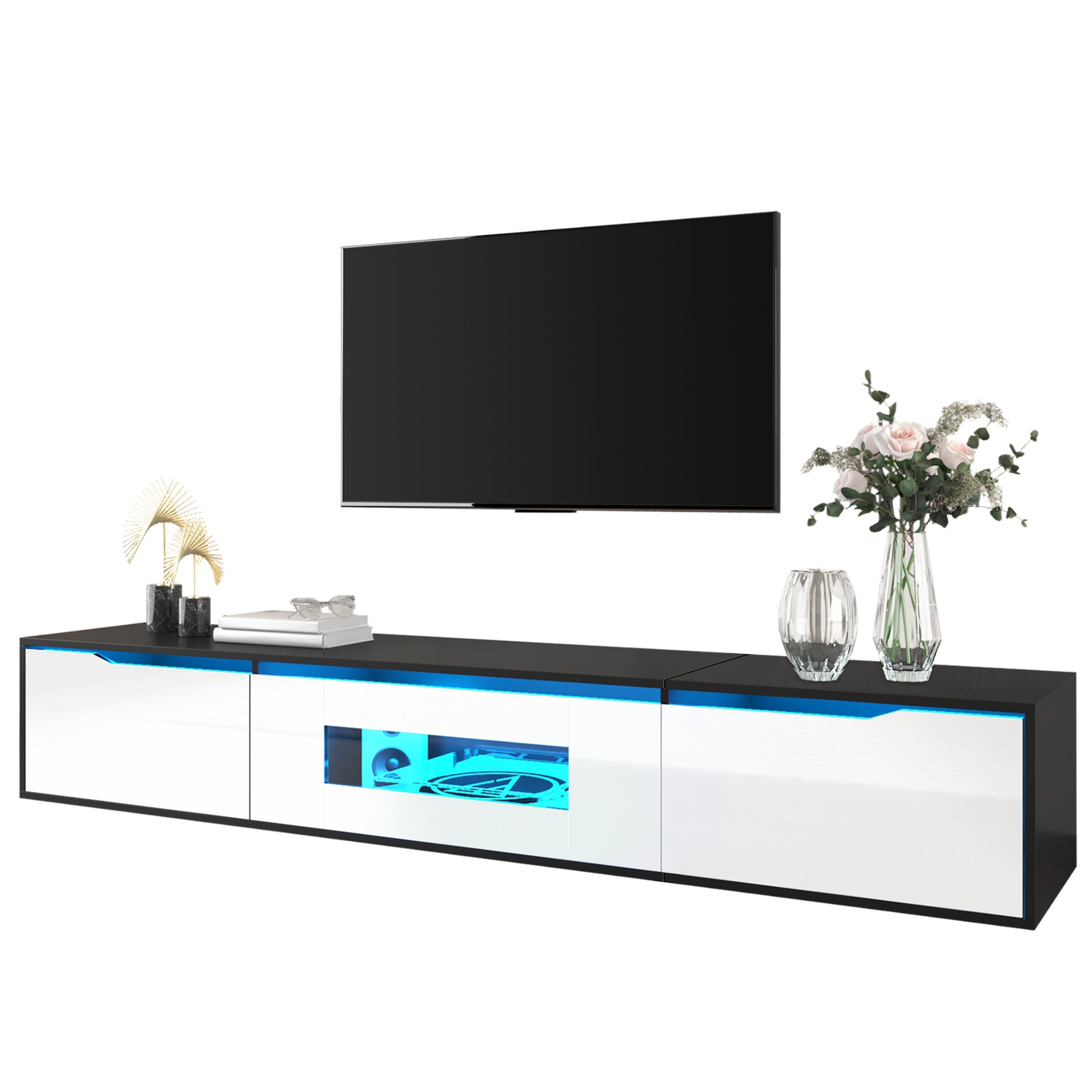 TV-Schrank z LED - czarno - biały, 180 cm, montaż ścienny, High Gloss, salon
