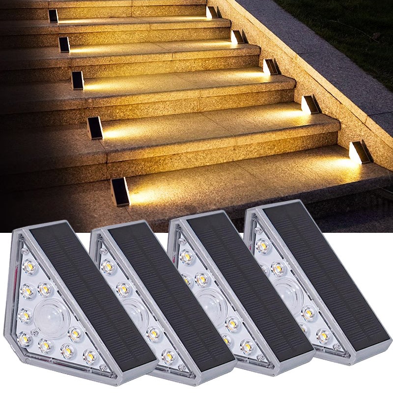 Zestaw 4 lamp solarnych do stopni, oświetlenie tarasowe LED zewnętrzne wodoodporne IP67 oświetlenie ogrodzenia solarne białe ciepłe