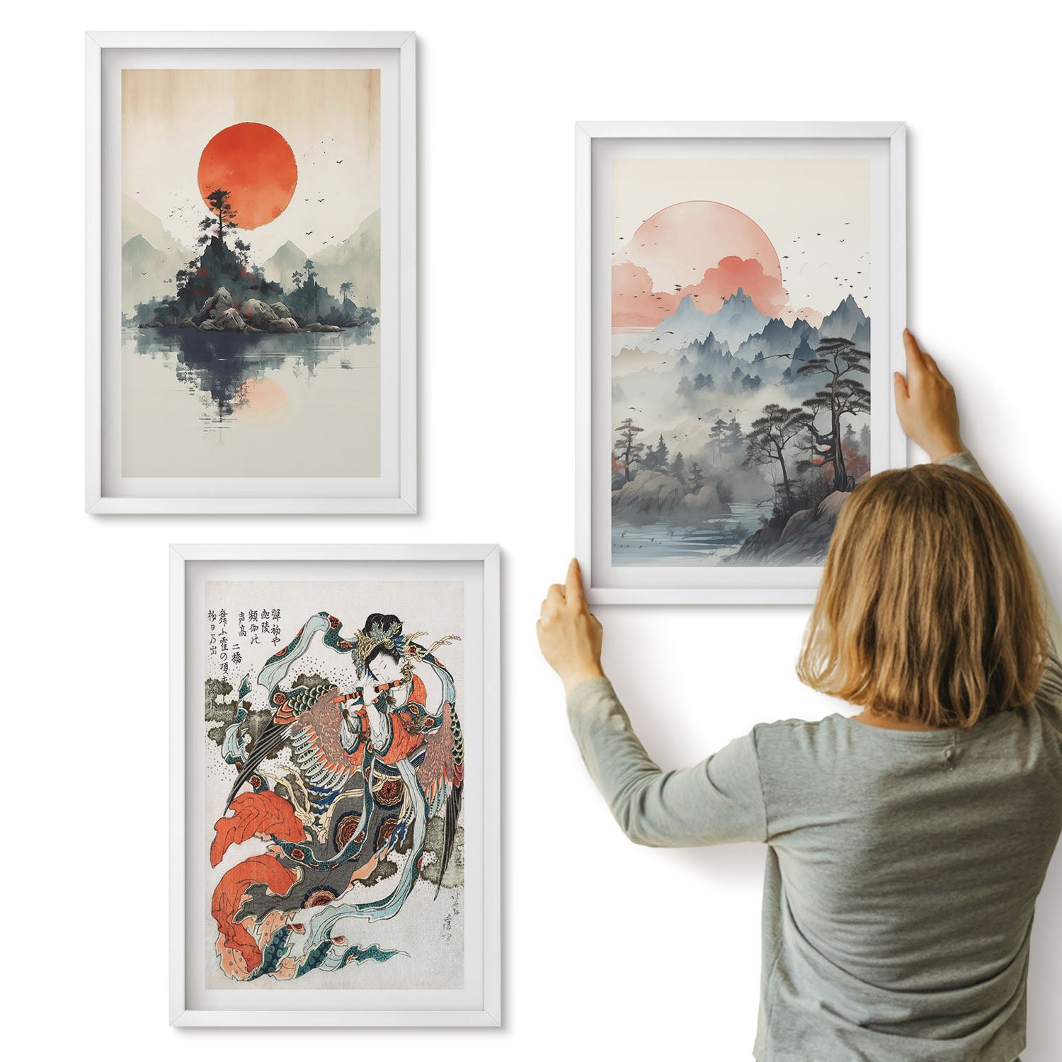 Galeria ścienna 3-częściowy komplet obrazów w białych ramach - Azjatyckie malunki pejzaże i portret w stylu japandi - ArtPrintCave