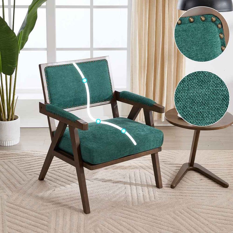 Fotel wypoczynkowy z tkaniny w stylu Mid-Century Modern z podłokietnikami i drewnianą ramą do salonu, sypialni, biura