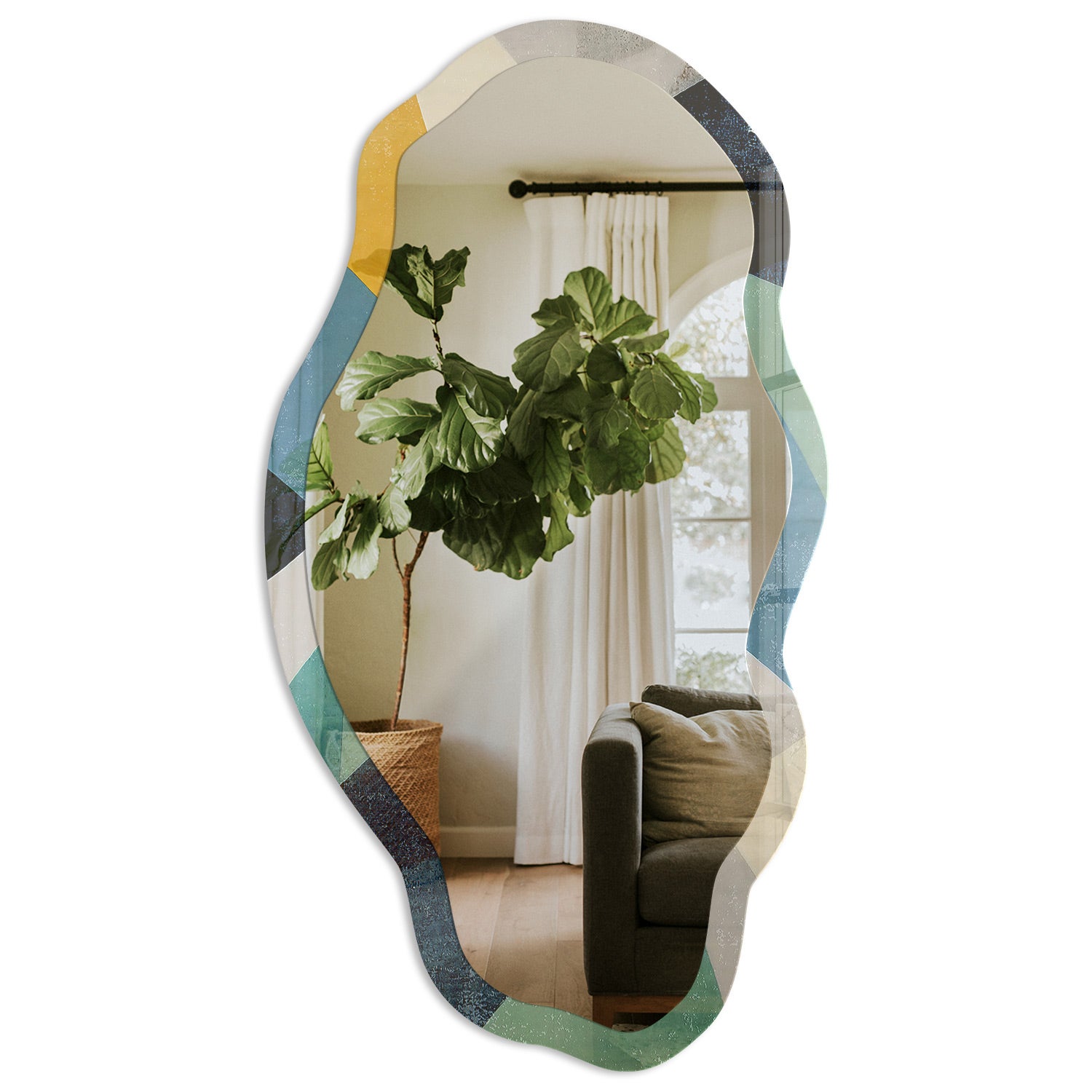 Stylowe lustro ścienne z hartowanym szkłem i printem - Abstrakcyjne fale 52x97cm