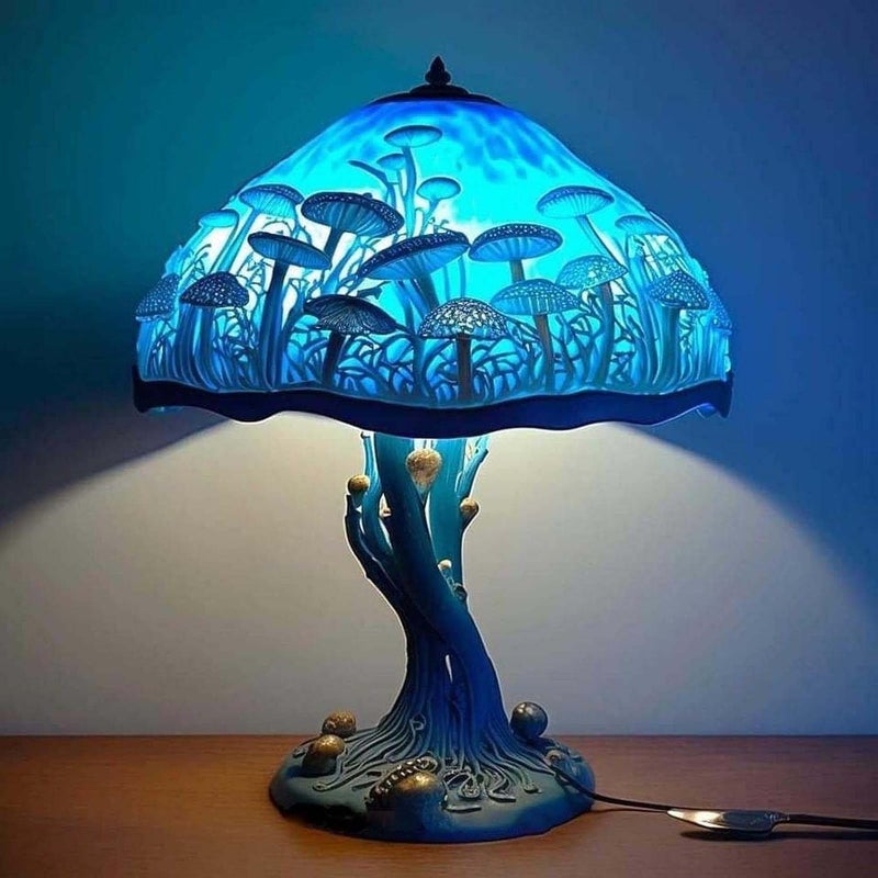 Lampa grzybek z niebieskiego malowanego szkła, kolorowy styl retro, dekoracyjna lampka nocna do sypialni, salonu, biura, oryginalny prezent