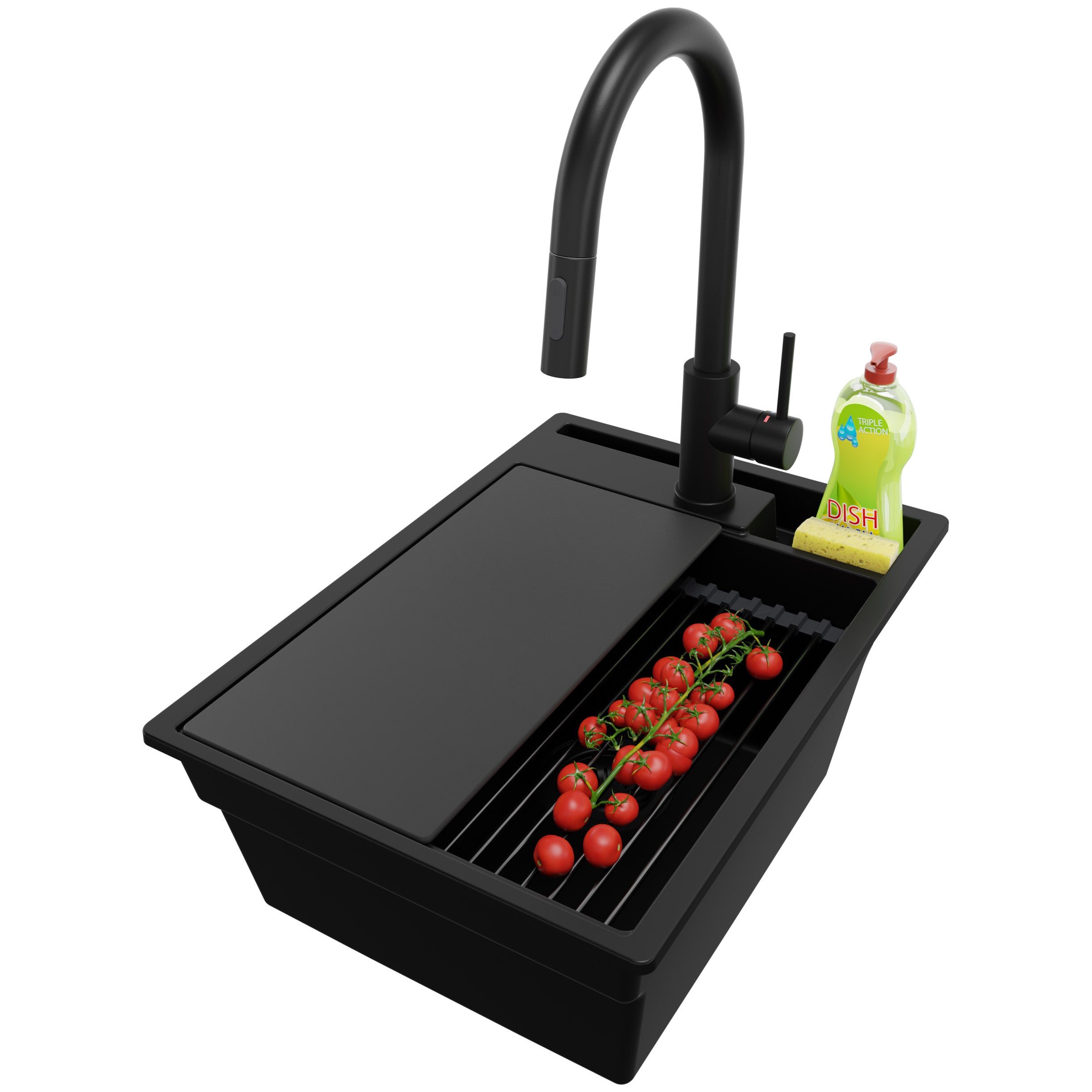 Zlewozmywak Granitowy Cały Czarny 38x53cm, Zlew Kuchenny 1 Komorowy + Syfon + Akcesoria, Nablatowy do szafki od 40cm - Oslo Pocket PRIMAGRAN