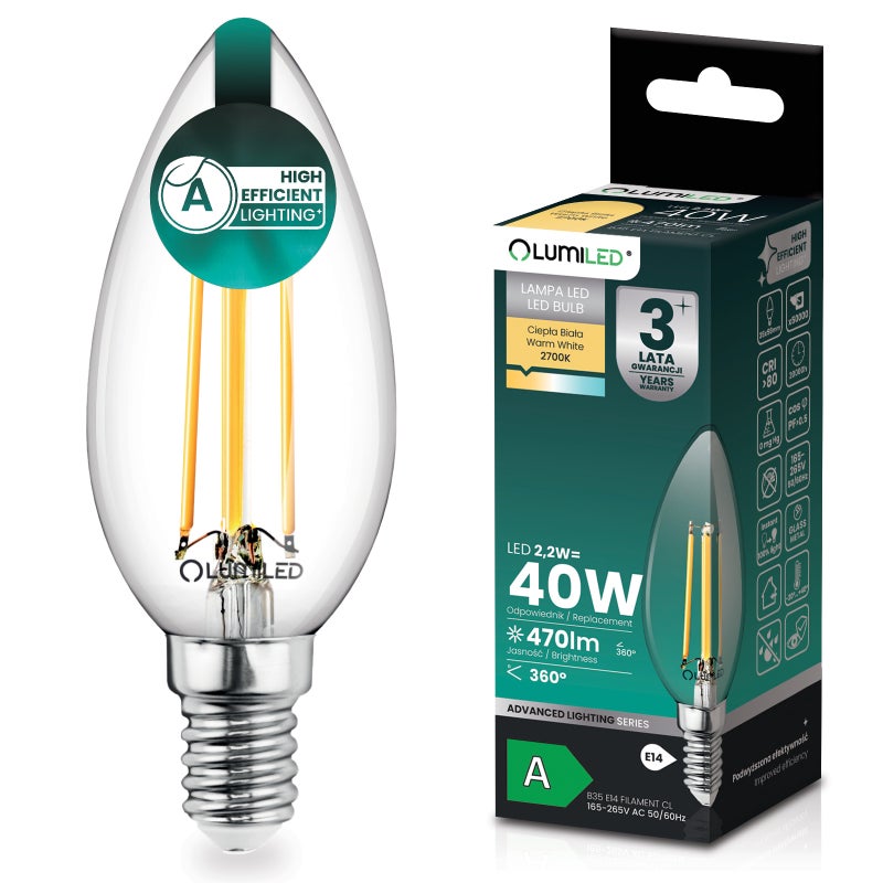 Żarówka LED Lumiled E14 Świeczka B35 2.2 W 470 lm 2700K Ciepła biel 360st Filament Klasa A