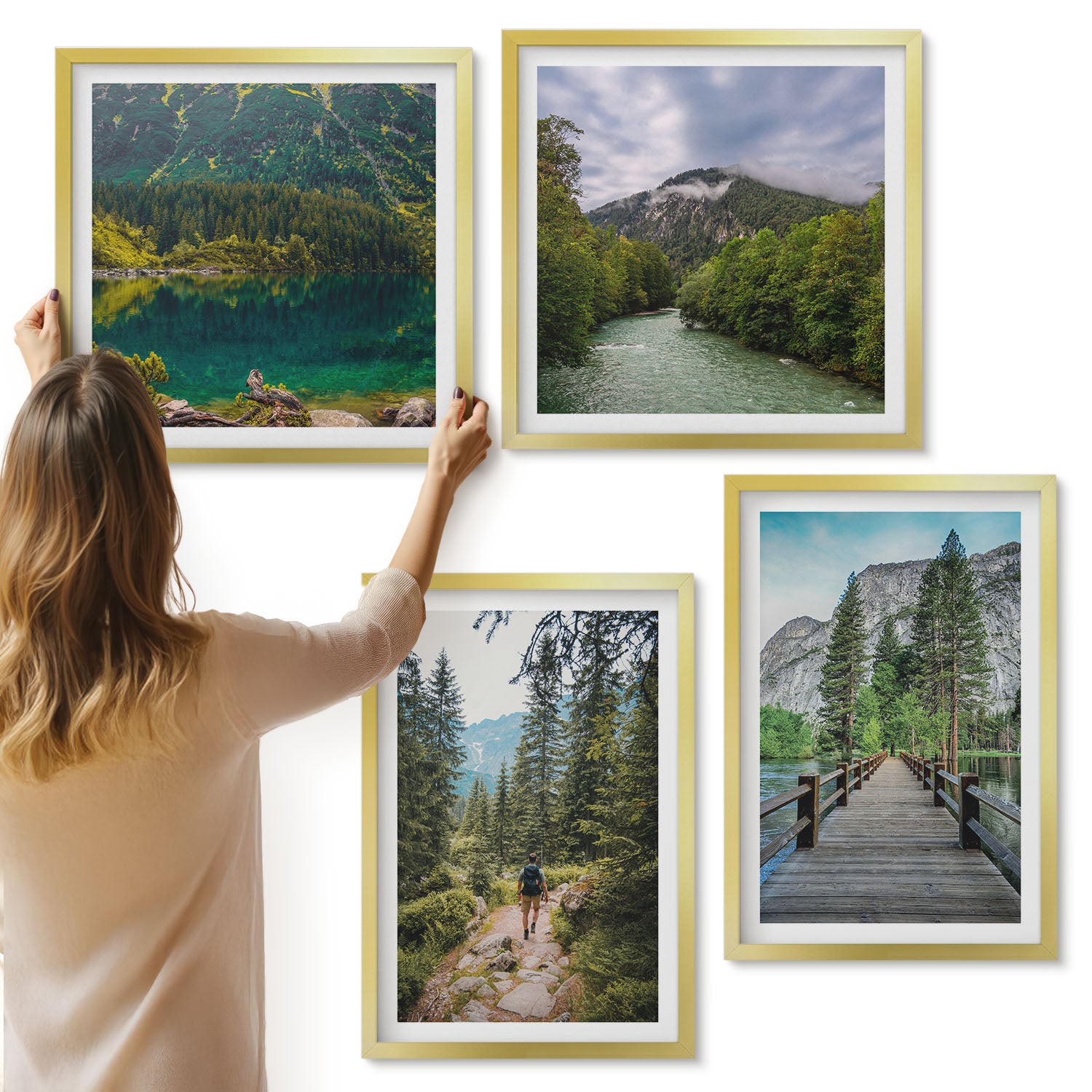 Galeria ścienna 4-częściowy komplet obrazów w złotych ramach - Góry jeziora lasy i ścieżki w naturze - ArtPrintCave