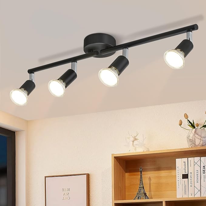 Spot Sufitowy LED 4 Żarówki - Nowoczesny Plafon LED, Obrotowy, Ciepłe Światło - czarny
