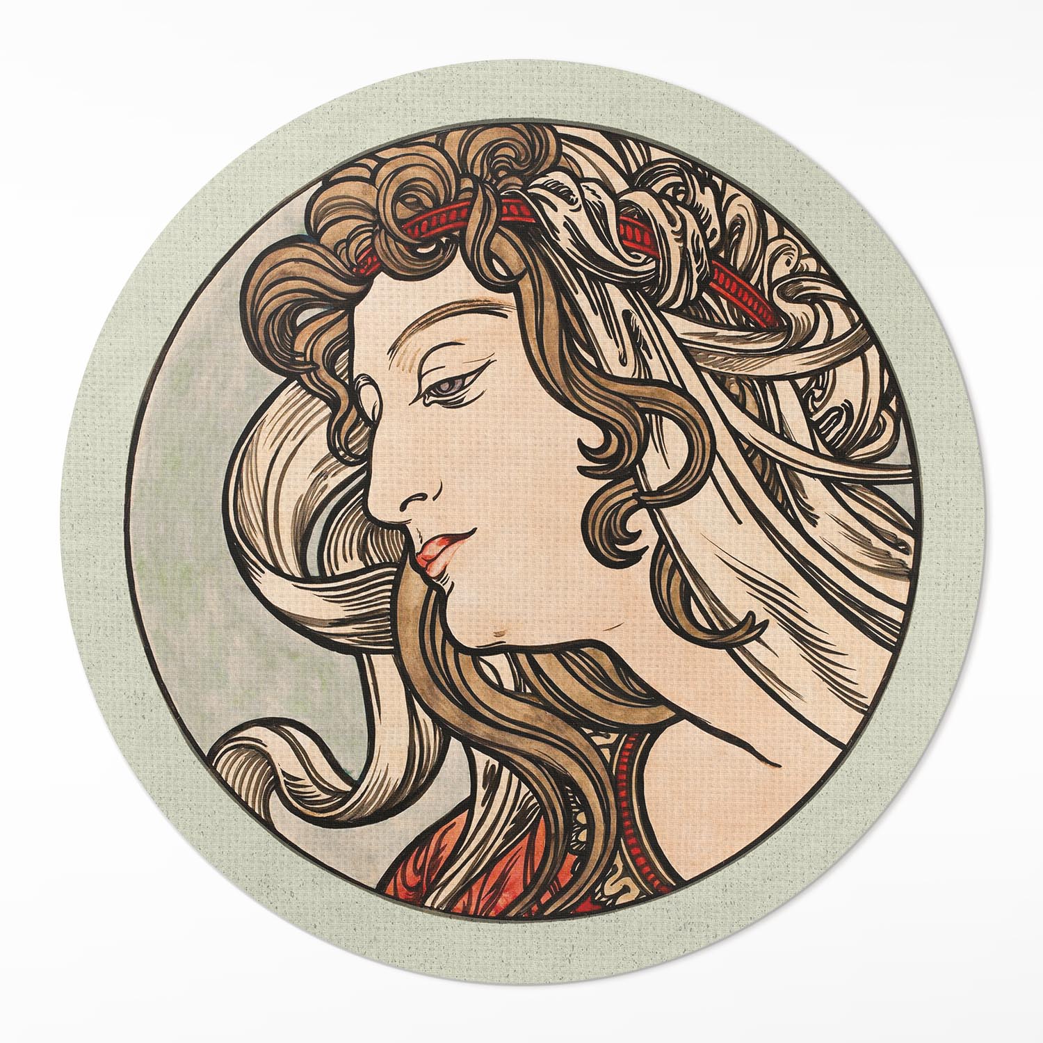 Dywan winylowy okrągły, kobiecy portret styl Art Nouveau 140x140 cm – ArtPrintCave