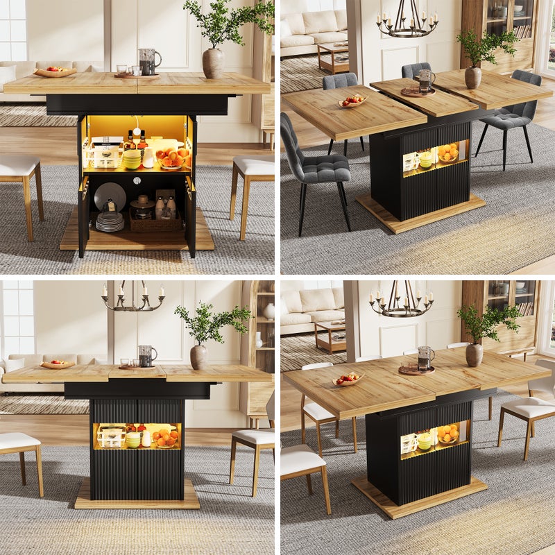 Rozkładany stół jadalny z oświetleniem LED, 2 drzwiami i regulowaną półką - MDF/metal - 110-140 x 80 x 76 cm - Czarny + drewno