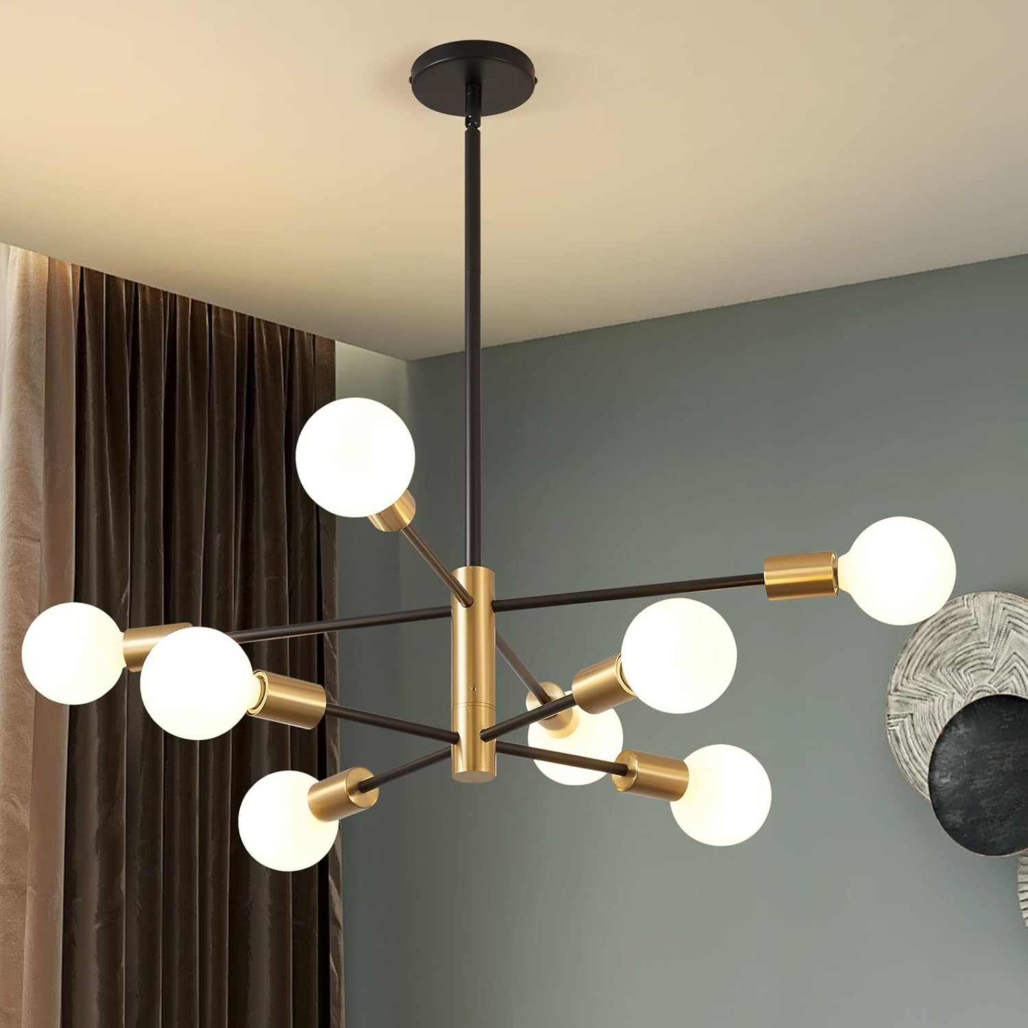 Żyrandol Vintage Sputnik, 8-światłowa lampa wisząca, retro industrialna lampa sufitowa, nowoczesny żyrandol, czarno-złoty (bez białej żarówki)