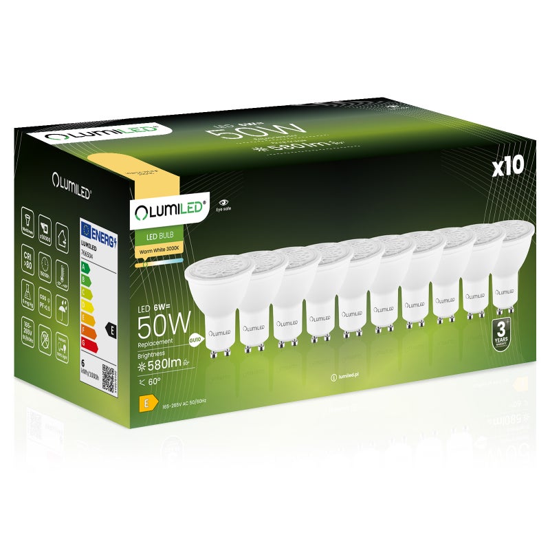 10x Żarówka Lumiled LED GU10 Reflektor PAR16 6W = 50W 580lm 3000K Ciepła 24st 36st 60st