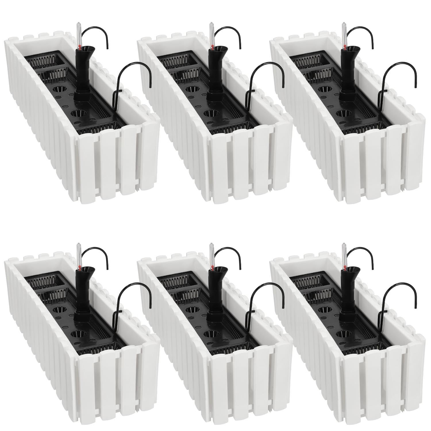 6 szt. Doniczka - Skrzynka Balkonowa - 58 x 18 x 16 cm - na Taras - z Hakami - System Nawadniania - Biała KOTARBAU