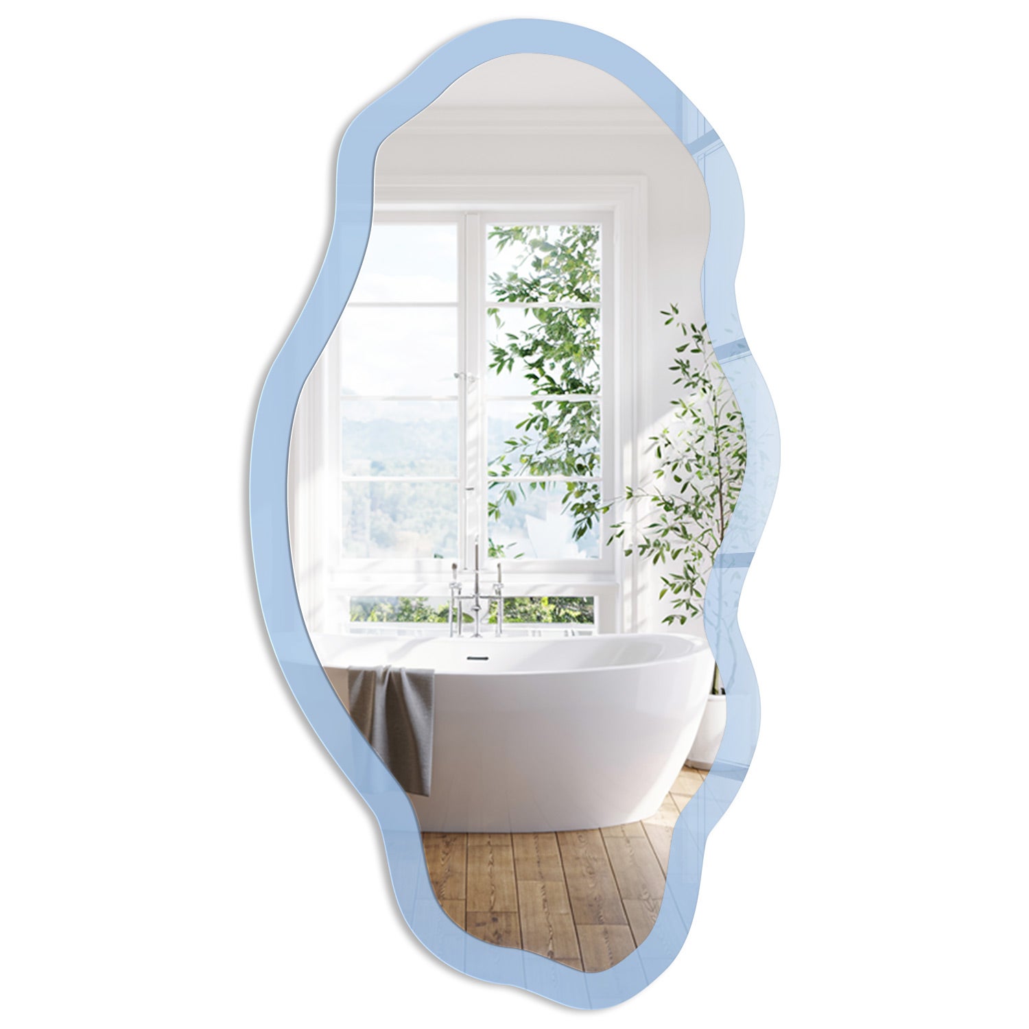 Lustro Ścienne o Falującym Kształcie z Dekoracyjną Szklaną Ramką | Baby blue | 52x97 cm | ArtPrintCave
