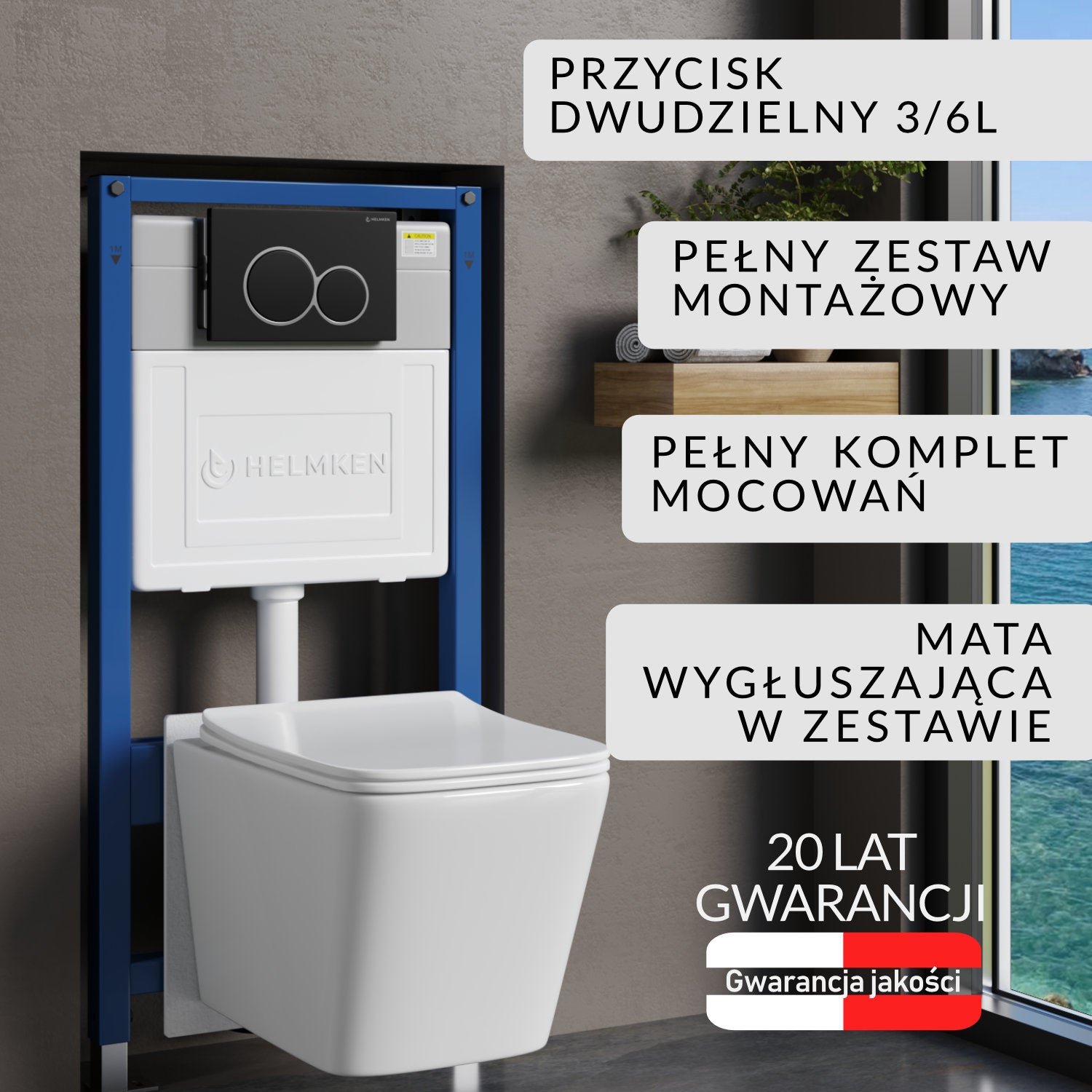Stelaż podtynkowy WC Helmken 35120001 Zestaw 5w1: Czarny Mat Przycisk, Miska bezkołnierzowa Rimless, Deska wolnoopadająca, Mata