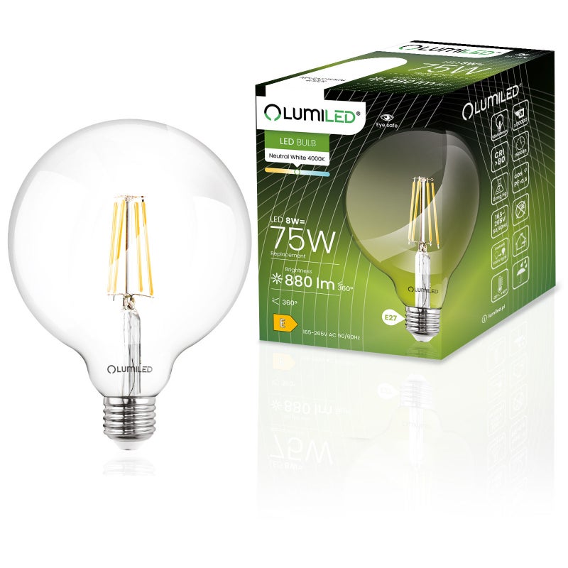 Żarówka LED Lumiled E27 Kula G95 8W 880lm 4000K Neutralna biel 360st Filament 1 szt.
