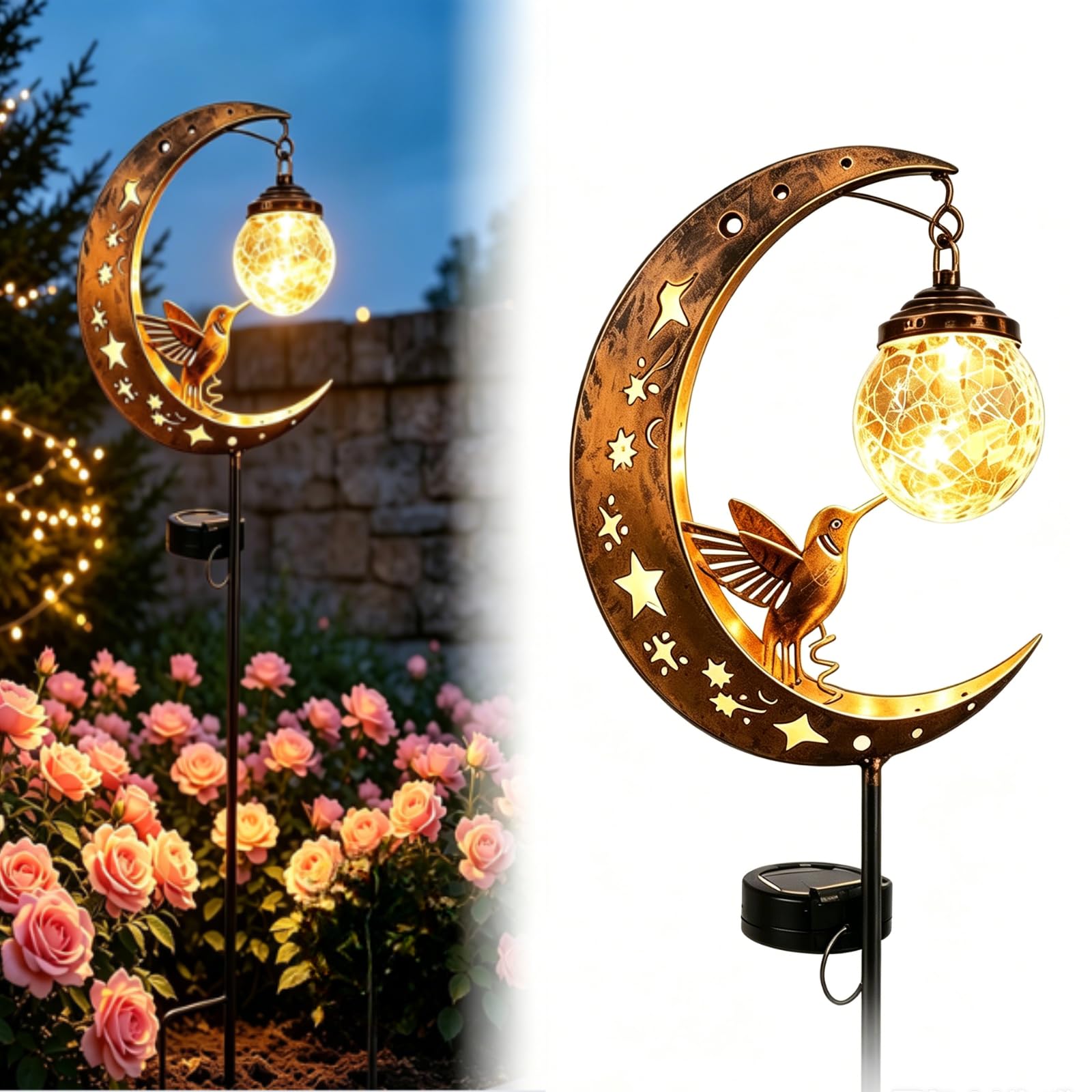Lampy solarne Hummingbird Moon Shadow, metalowe wiszące lampy ogrodowe z kulą z popękanego szkła, wodoodporna lampa dekoracyjna do ogrodu, 1 szt.