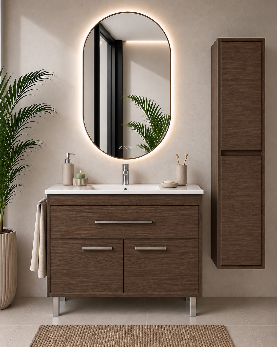 Szafka łazienkowa z umywalką ORIGENBATH BAHIA bez lustra 100x45 cm jesion tea z kolumną