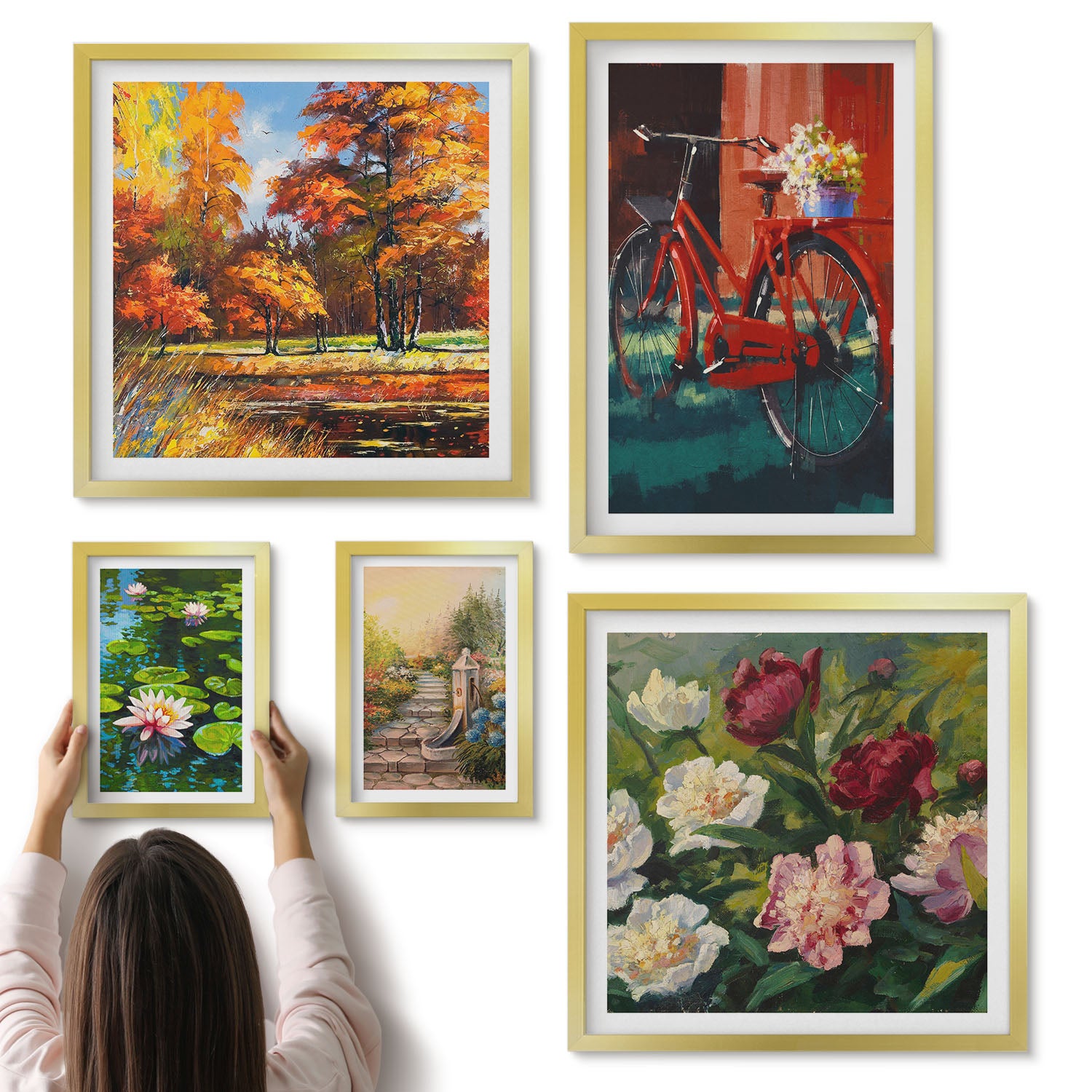 Galeria ścienna 5-częściowy komplet obrazów w złotych ramach - Kwiatowe inspiracje z rowerem i malowniczymi krajobrazami - ArtPrintCave