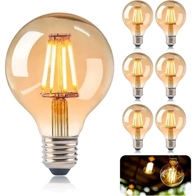 Zestaw 6 żarówek LED Edison E27 G80 – 4 W, ciepła biel, żarnik w stylu retro, do restauracji, kawiarni i dekoracji