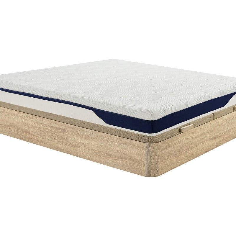 Zestaw 180 x 200 cm jasne naturalne łóżko ze skrzynią + materac z pianki HD 7 stref i zdejmowana warstwa żelowa z pamięcią kształtu gr. 22 cm- FAGANI