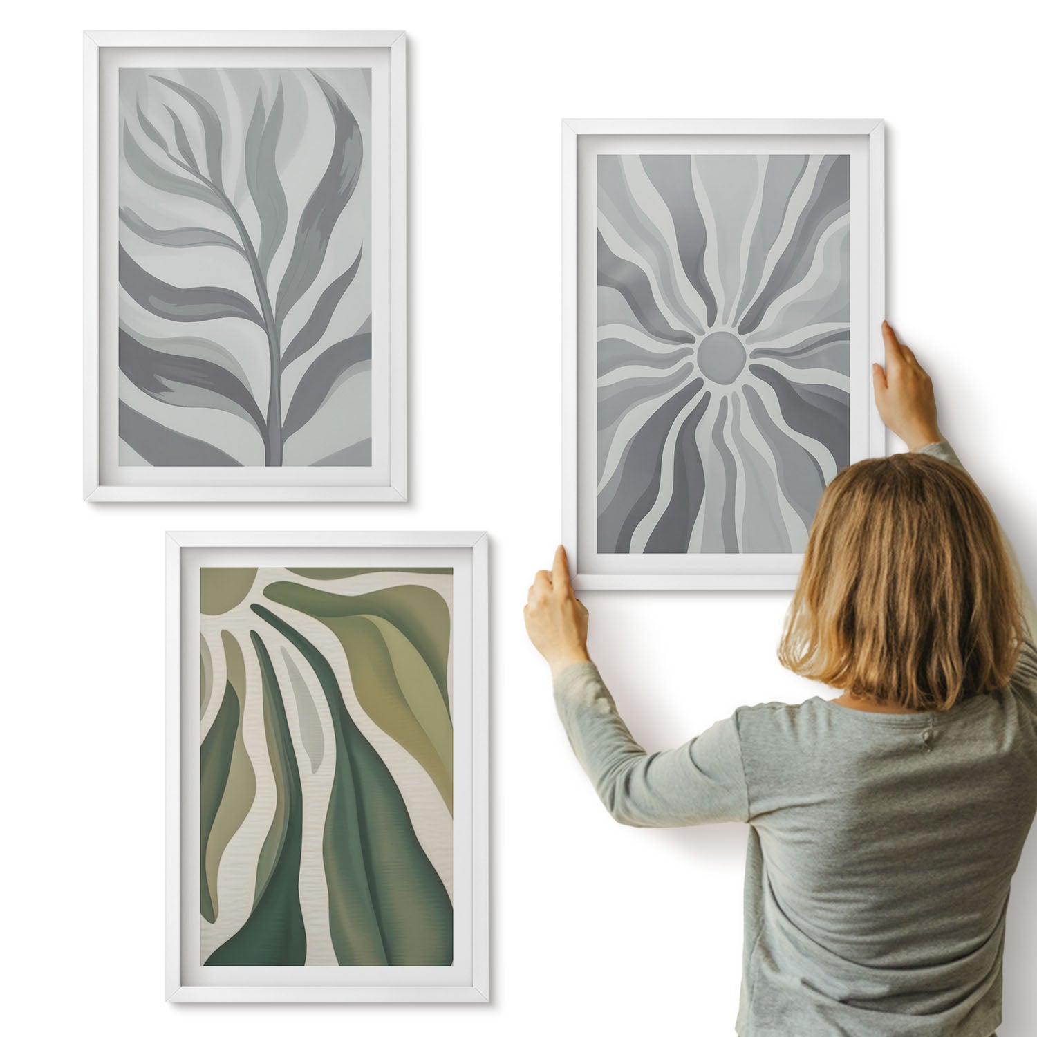 Galeria ścienna 3-częściowy komplet obrazów w białych ramach - Roślinne wzory w odcieniach zieleni i szarości - ArtPrintCave