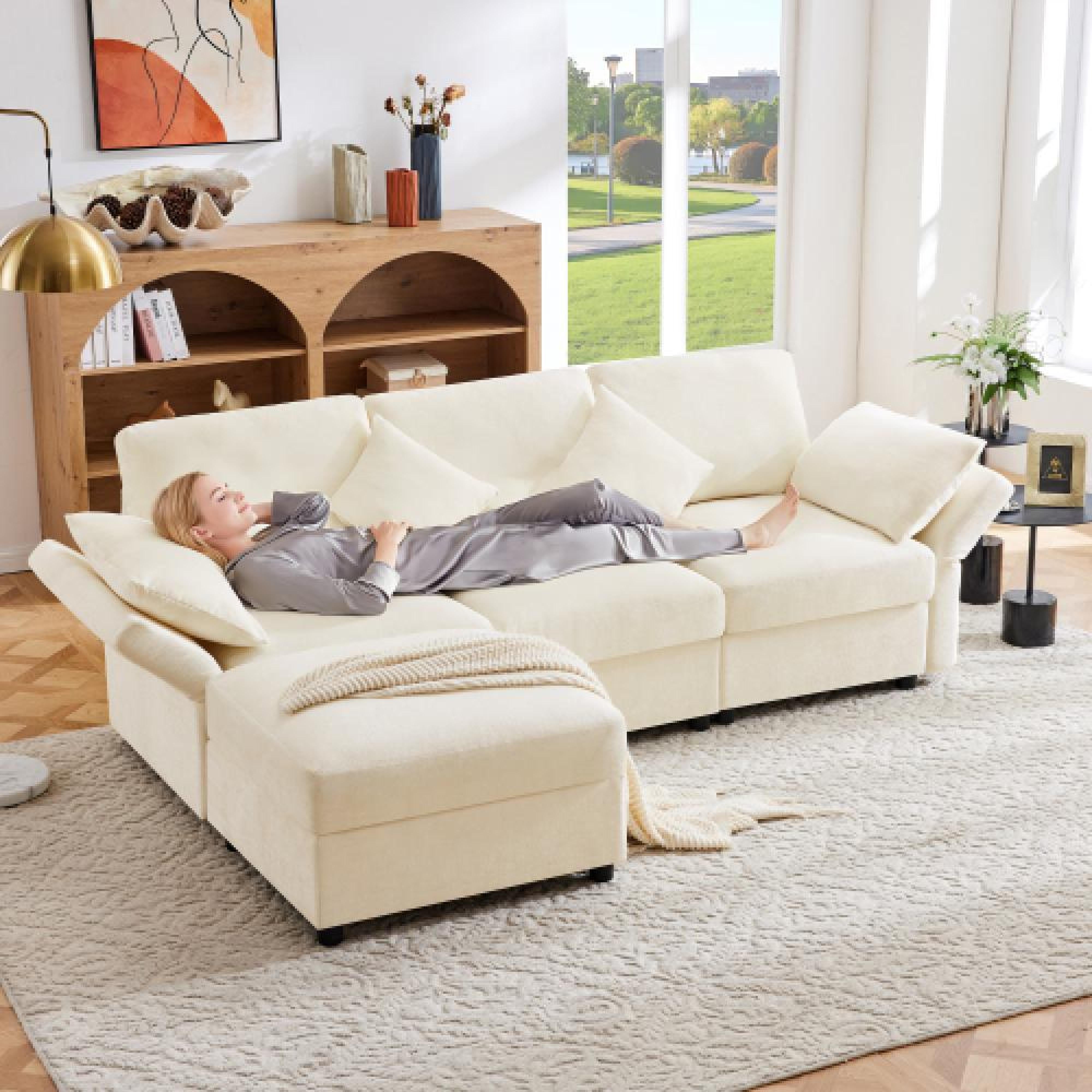 Narożnik w kształcie litery L z pufem, rozkładana sofa 3-osobowa, miękka tkanina szenilowa, 4 poduszki, regulowane podłokietniki