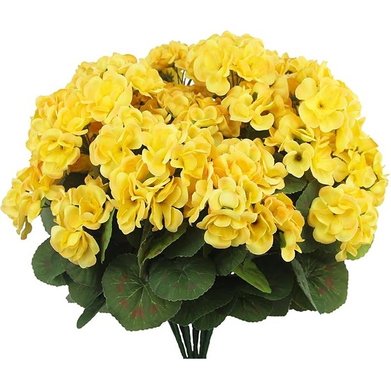 Zestaw 4 sztucznych pelargonii, bukiet sztucznych kwiatów ogrodowych na ślub, do ogrodu, do dekoracji wnętrz, żółty