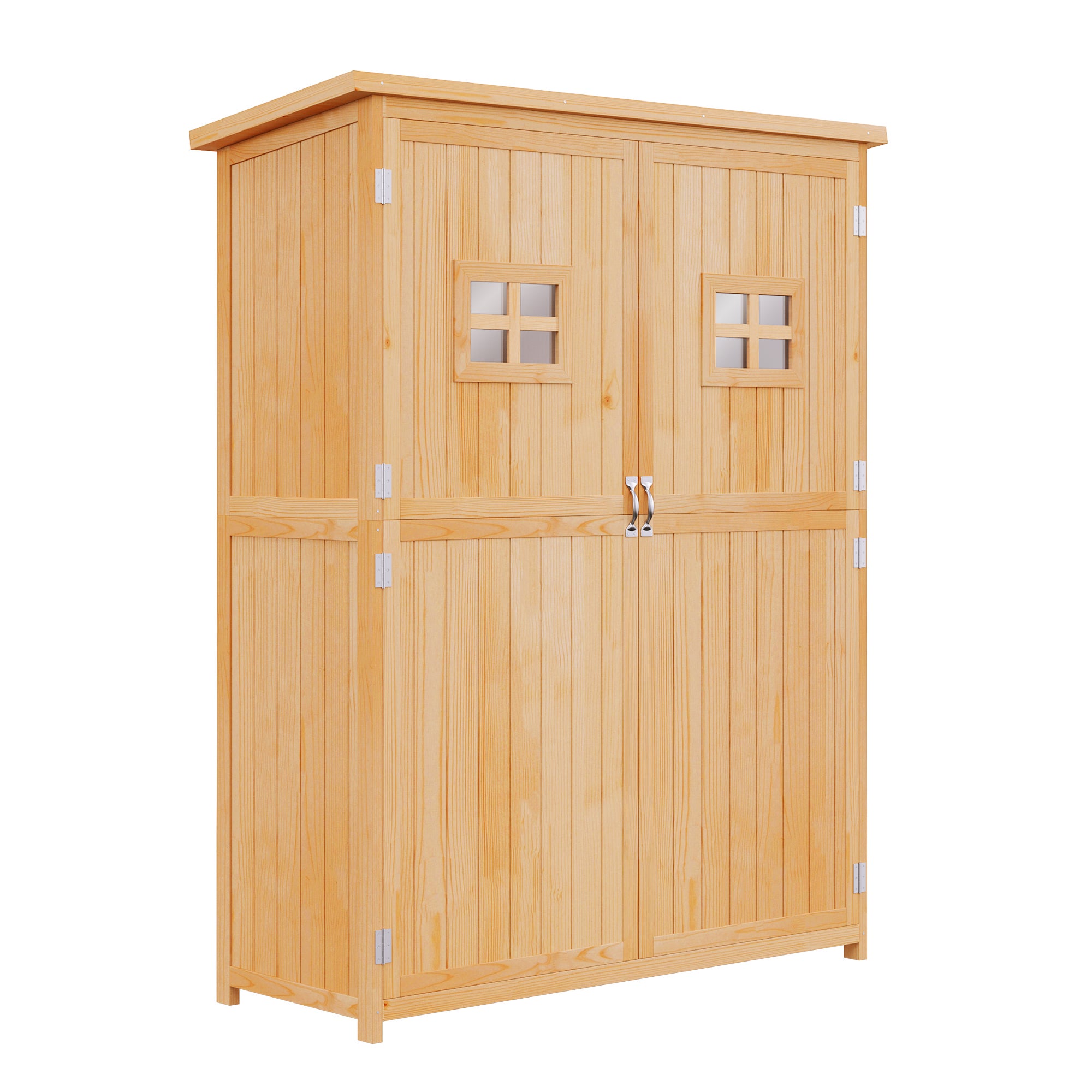 Drewniana szopa ogrodowa/szafka, wymiary 127,5 dł. x 50 szer. x 164 wys. cm, 2 półki, 2 drzwi, 2 okna, wodoodporny dach bitumiczny