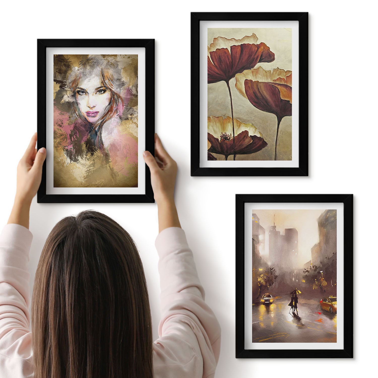 Galeria ścienna 3-częściowy komplet obrazów w czarnych ramach - Abstrakcja portret kobiety kwiaty miasto w deszczu - ArtPrintCave