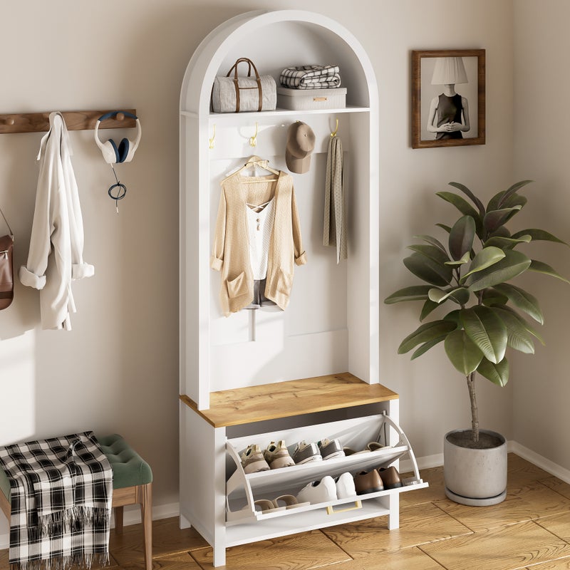 Zestaw mebli do przedpokoju 75x35x195 cm - Z półką na buty i wieszakami - Z półkami - Biały i Naturalny
