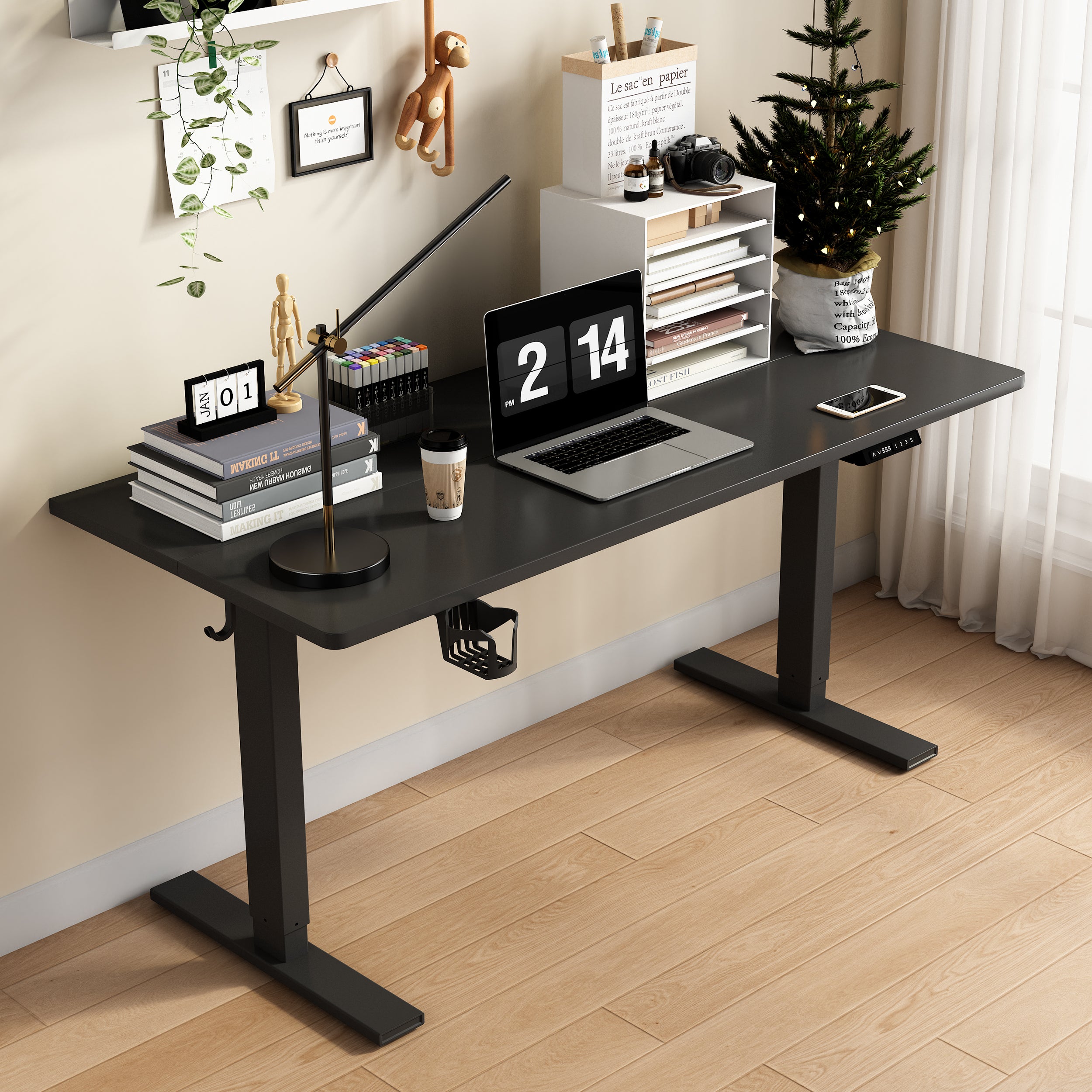 Elektryczne biurko, wymiary 70×140 cm, z funkcją pamięci i systemem antykolizyjnym, portami USB-A i Type-C, regulacja wysokości od 70 do 119 cm