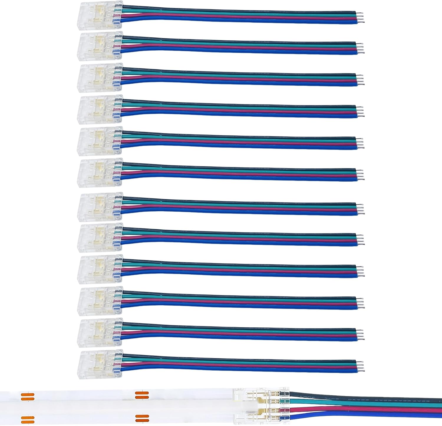 Zestaw 10 złączy 4-pinowych 10 mm do taśm LED COB, złącza bezlutownicze, w zestawie kabel 10 cm, połączenie bez przerw dla taśm dwukolorowych 5 V/12