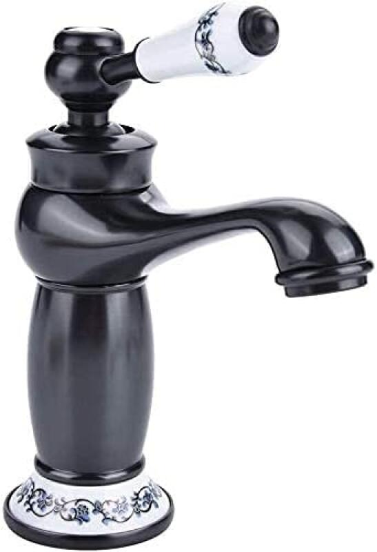 Kran łazienkowy retro, kran umywalkowy z ceramiczną rączką, kran łazienkowy z ciepłą i zimną wodą, materiał mosiężny, kolor czarny.