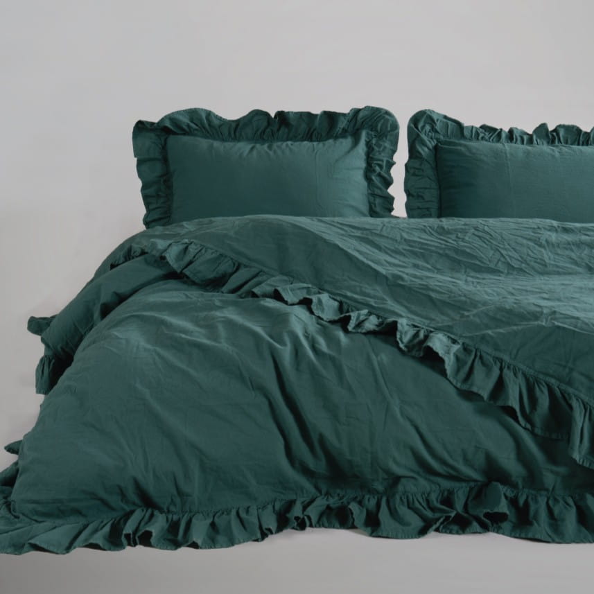 Pościel bawełniana z falbanką 220x200 Stonewashed Exclusive, Dark Green, zieleń butelkowa - Limasso