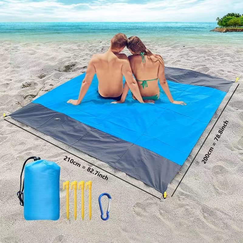 (Niebieska) Mata plażowa, koc piknikowy 200x210 cm, ultralekka, wodoodporna, do użytku na zewnątrz, na plaży i na kempingu, przenośna, szybkoschnąca.