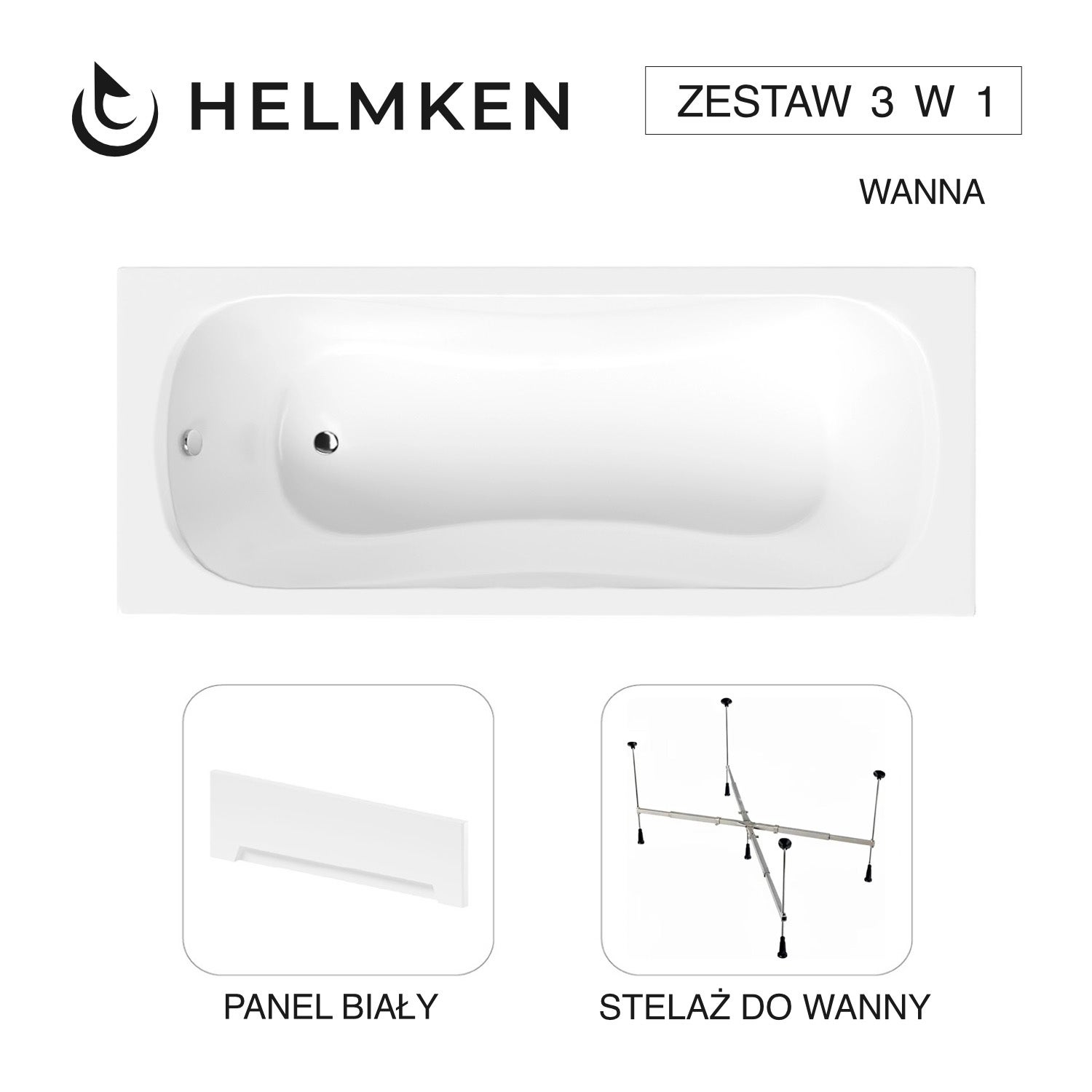 Wanna akrylowa Helmken Edelva 170 х 70 + Panel Biały + Stelaż uniwersalny do wanien Helmken 21230020 / 23094005-3S