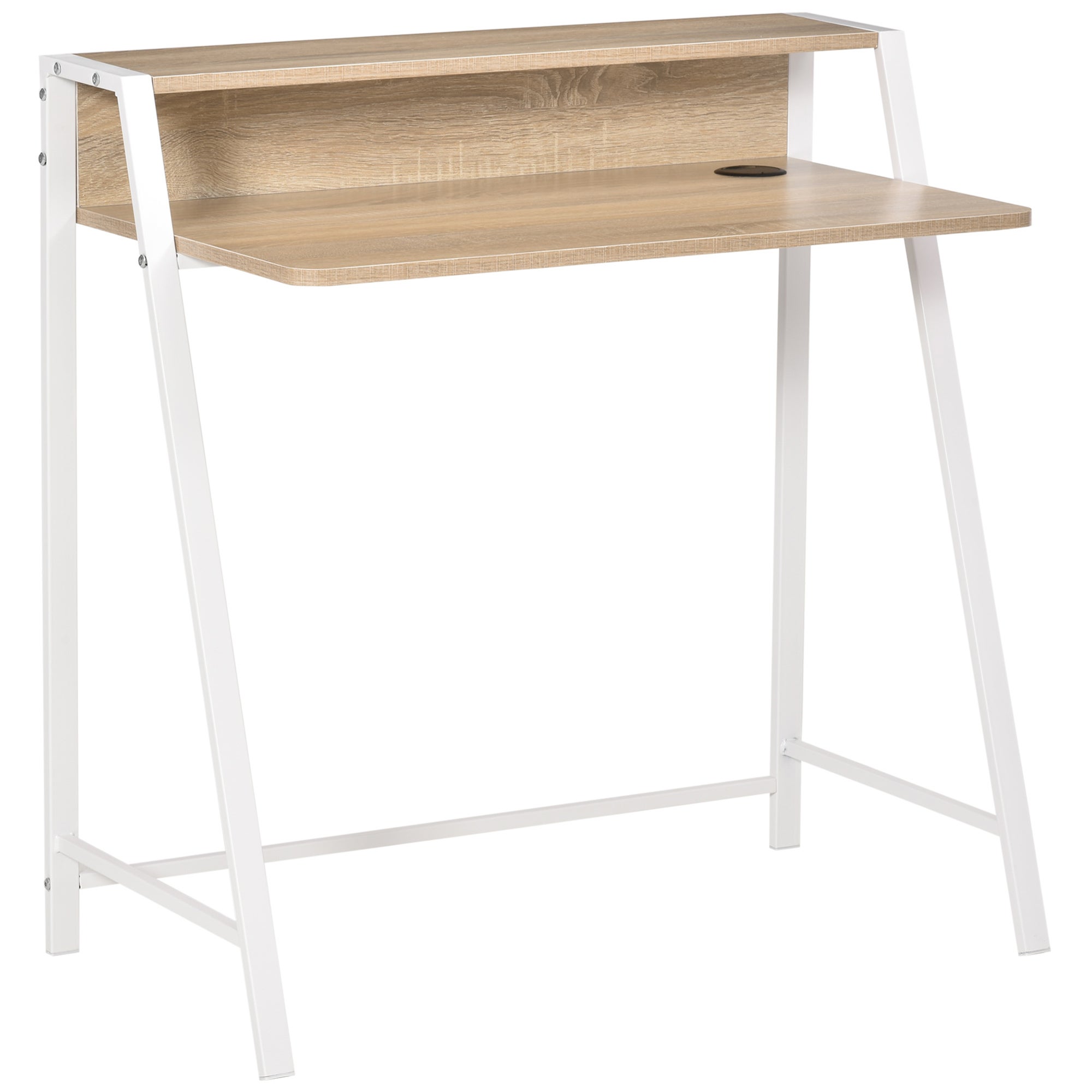 Biurko Komputerowe Biały i Dąb z Półką, Kompaktowy Stół Roboczy z Metalu do Sypialni i Home Office, 84x45x85 cm
