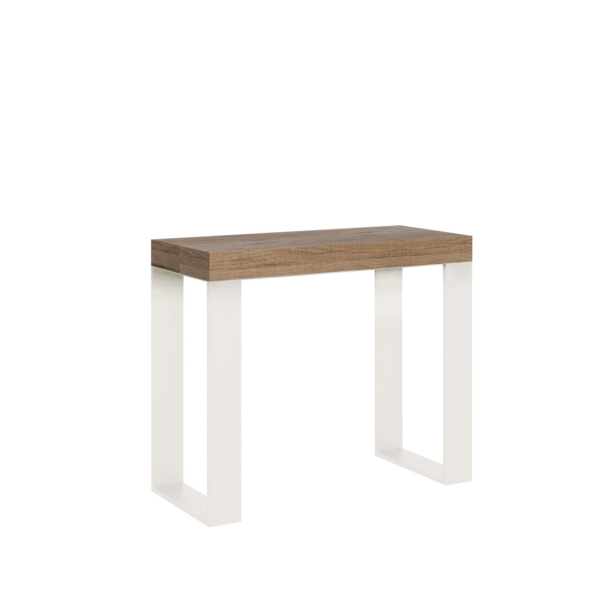 Mesa consola pequeña Tecno en roble natural con estructura blanca, extensible, 196 cm