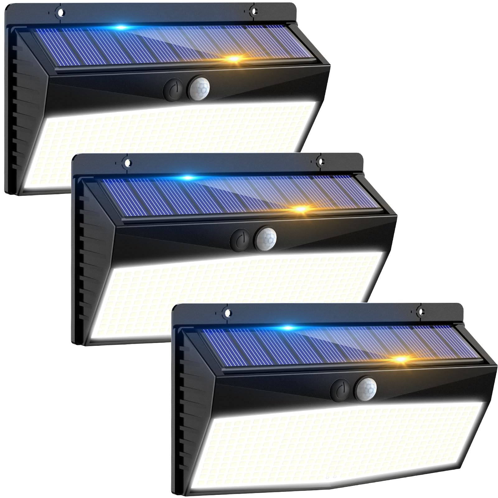Zestaw 3 zewnętrznych lamp solarnych - 368 LED, czujnik ruchu, 3 tryby, wodoodporność IP65 do ogrodu, ogrodzenia (światło białe)