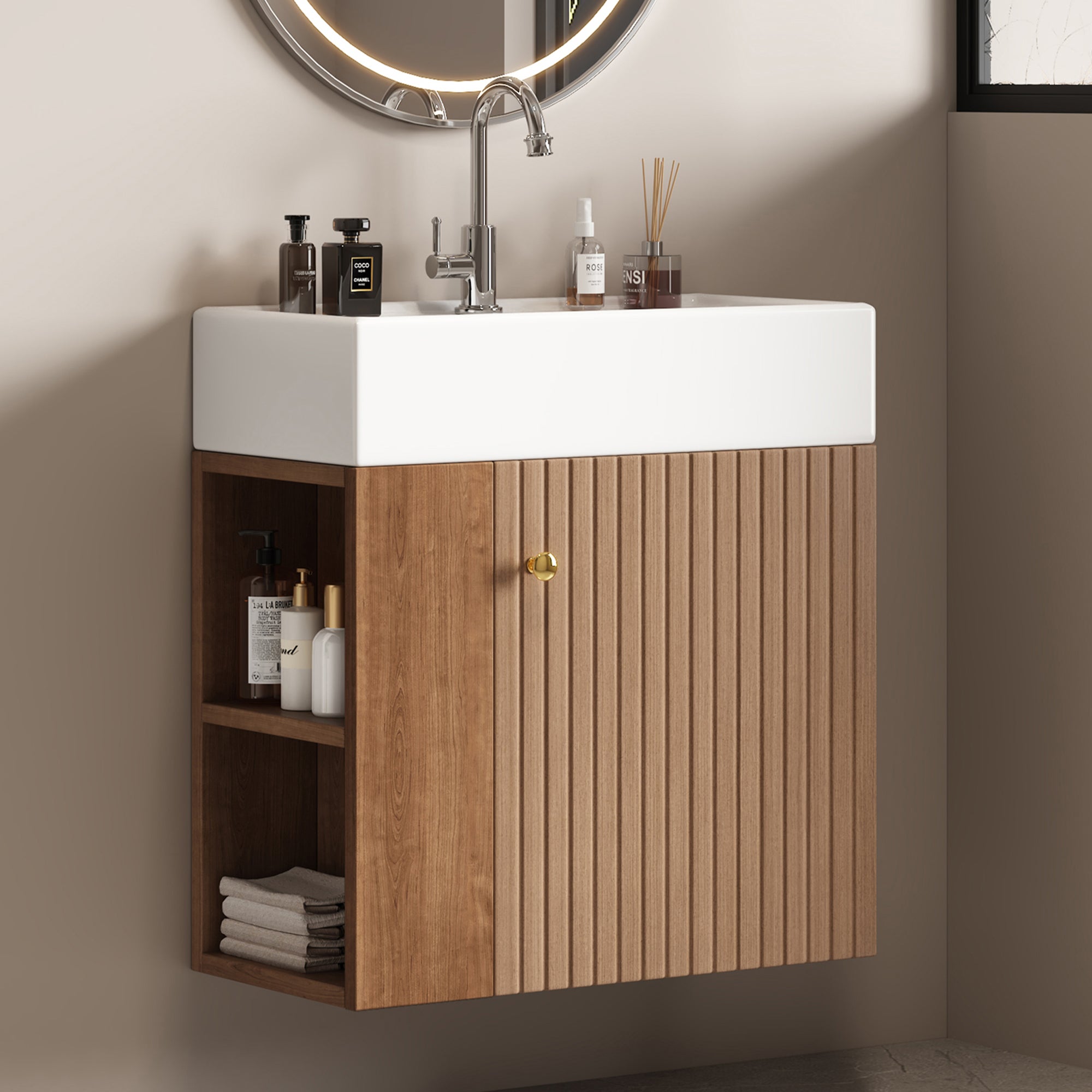 Szafka łazienkowa wisząca z pojedynczą umywalką, szafka dolna z umywalką ceramiczną - 55 x 31 x 66,5 cm - MDF - Brązowa