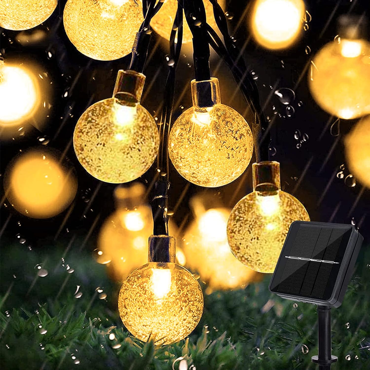 Solarne lampki choinkowe na zewnątrz, 50 LED, 8 trybów, kryształowe kule, wodoodporne, do użytku na zewnątrz/wewnątrz, do ogrodu (ciepła biel)