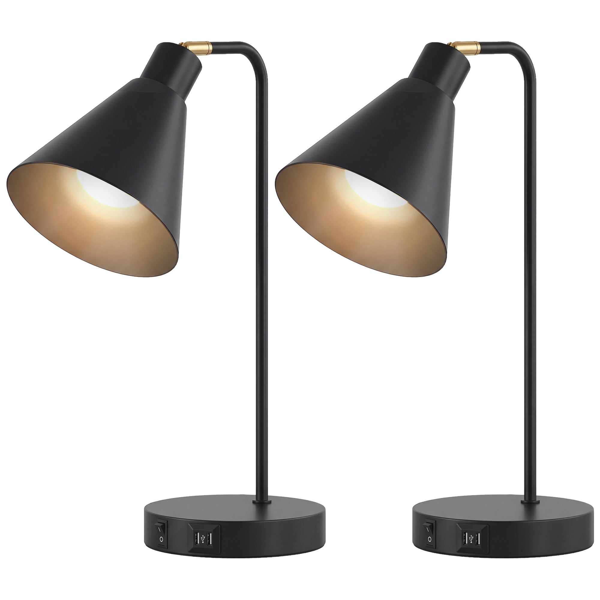 Zestaw 2 nowoczesnych lamp stołowych ze stali z portami USB, oprawka E27, kolor czarny