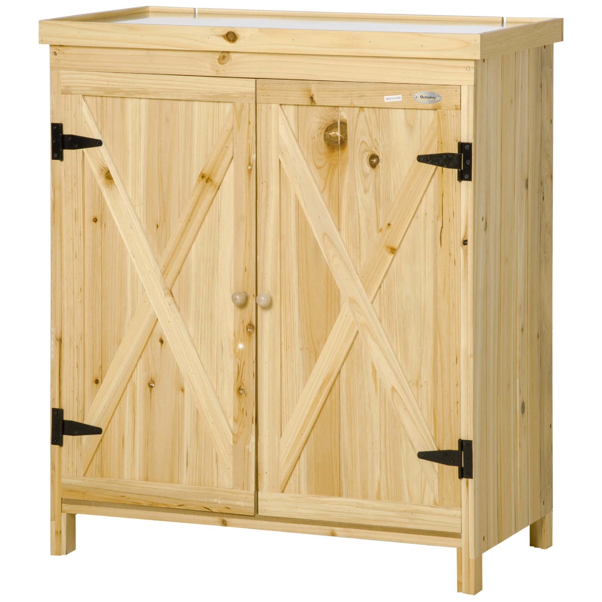 Szafka ogrodowa, szafka ogrodowa do przechowywania, blat metalowy ocynkowany, drewno lite, 80 x 45 x 92 cm, drewno naturalne