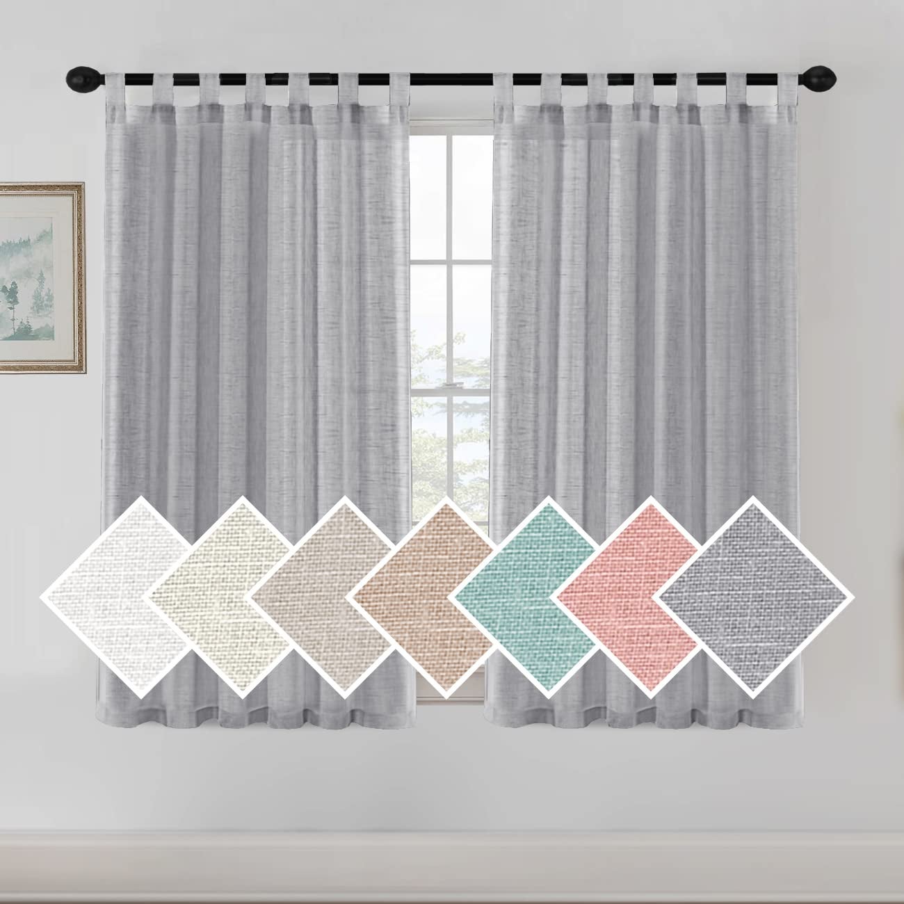 Eleganckie Szare Lniane Zasłony 2 Panele 132 x 213 cm, Oddychające z 7 Przelotkami do Sypialni Salonu w Stylu Wiejskim
