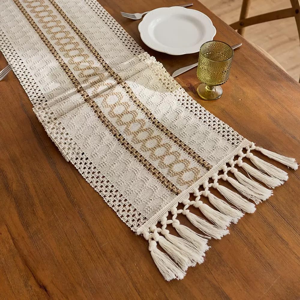 Zestaw 2 vintage boho bieżników na stół z brązowej bawełny i lnu z makramą i frędzlami, 30 x 160 cm