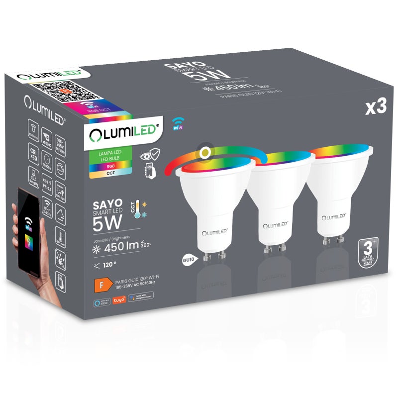 Żarówka LED Lumiled GU10 5 W 450 lm RGB CCT Ściemnialna Inteligentna Tuya WiFi Smart 3 szt.
