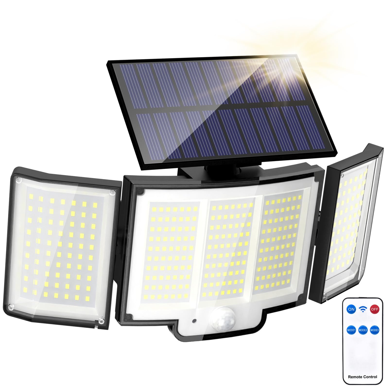 Zewnętrzne lampy solarne z czujnikiem ruchu, 348 LED 6500K, jasne reflektory solarne z pilotem, wodoodporność IP65