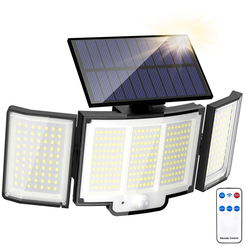 Zewnętrzne lampy słoneczne z czujnikiem ruchu, 348 diod LED 6500K z pilotem, wodoodporne IP65, 3 głowice bezpieczeństwa, 2 szt.